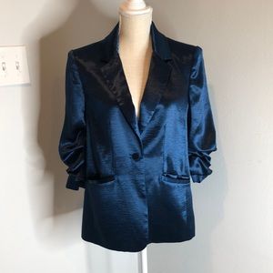 cinq a sept Kylie ruched sleeve satin teal jacket